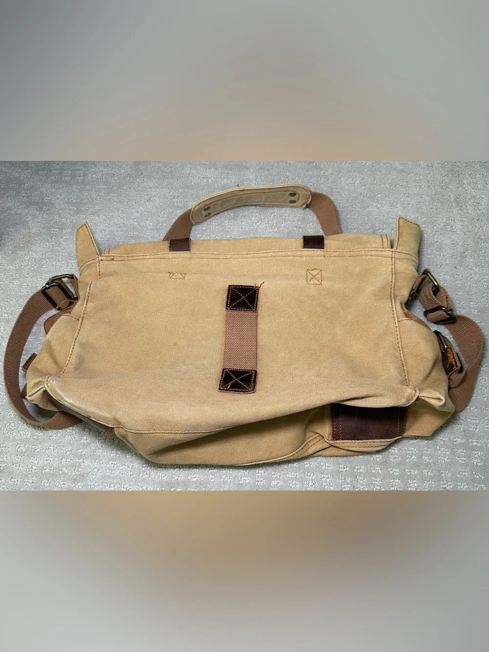 Canvas & Leather Messenger Bag Khaki Brown Crossbody Tab Brown Pockets Zip